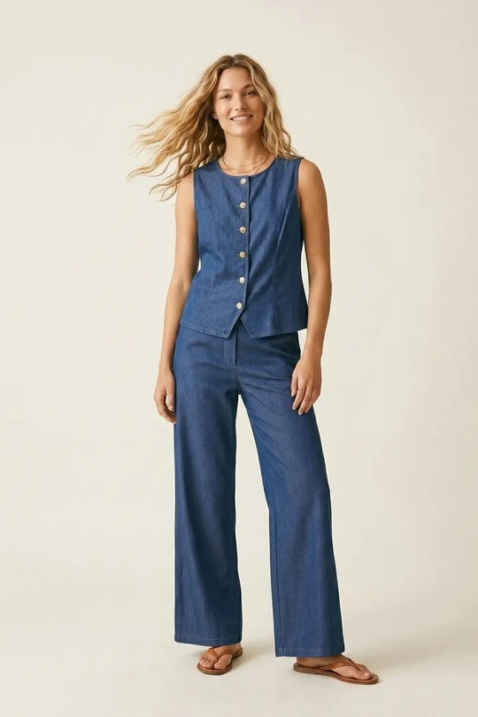 Sleeveless Button-Front Vest &amp; Wide-Leg Trouser Set - Jumpsuits