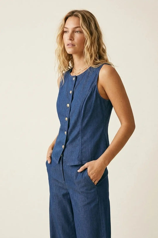 Sleeveless Button-Front Vest &amp; Wide-Leg Trouser Set - Jumpsuits