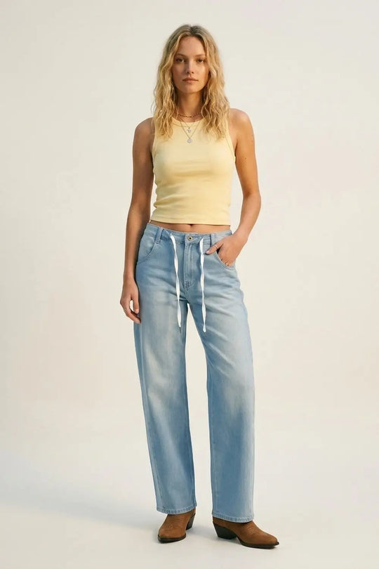 Light Blue Drawstring Relaxed Fit Denim Jeans