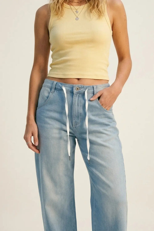 Light Blue Drawstring Relaxed Fit Denim Jeans
