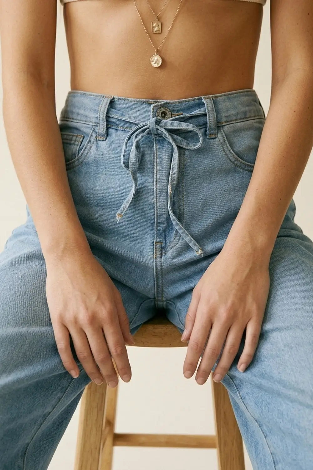 Light Blue Wide-Leg Denim Pants with Drawstring Waist
