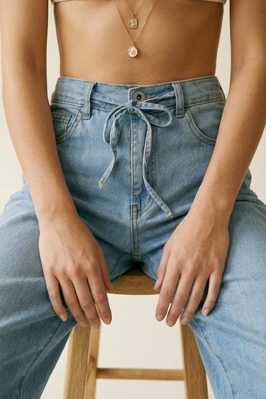 Light Blue Wide-Leg Denim Pants with Drawstring Waist