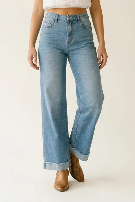 Light Blue Wide Leg Denim Jeans with Cuffed Hem