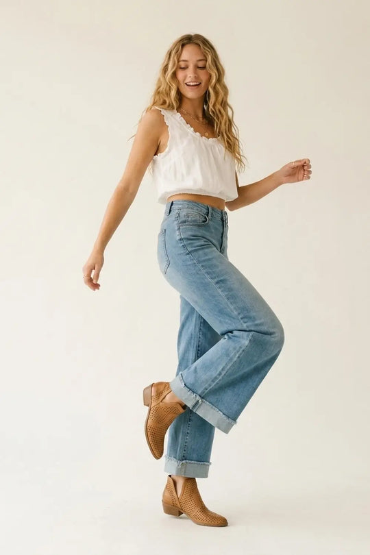 Light Blue Wide Leg Denim Jeans with Cuffed Hem