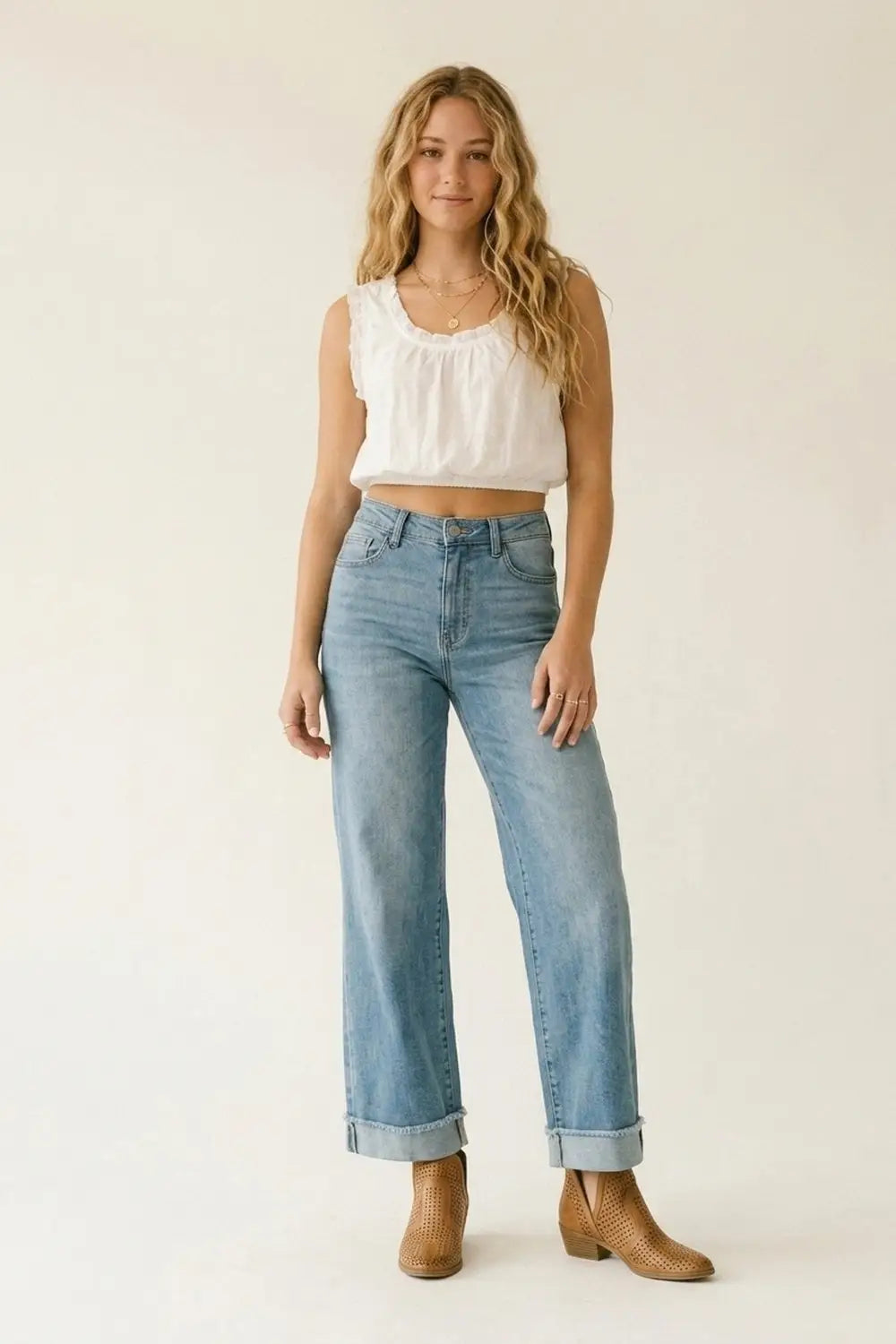 Light Blue Wide Leg Denim Jeans with Cuffed Hem