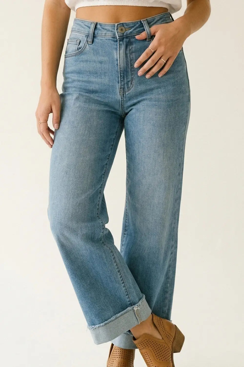 Light Blue Wide Leg Denim Jeans with Cuffed Hem