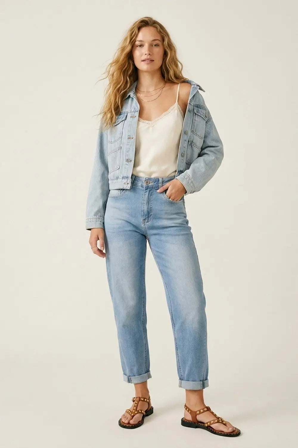 Light Blue Denim mom style Fit Jeans in ankle Length