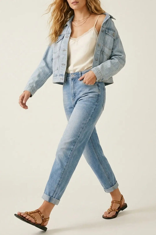 Light Blue Denim mom style Fit Jeans in ankle Length