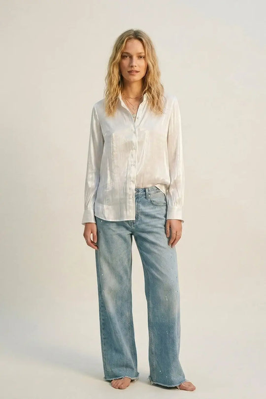 White shiny satin button-down shirt - Shirts