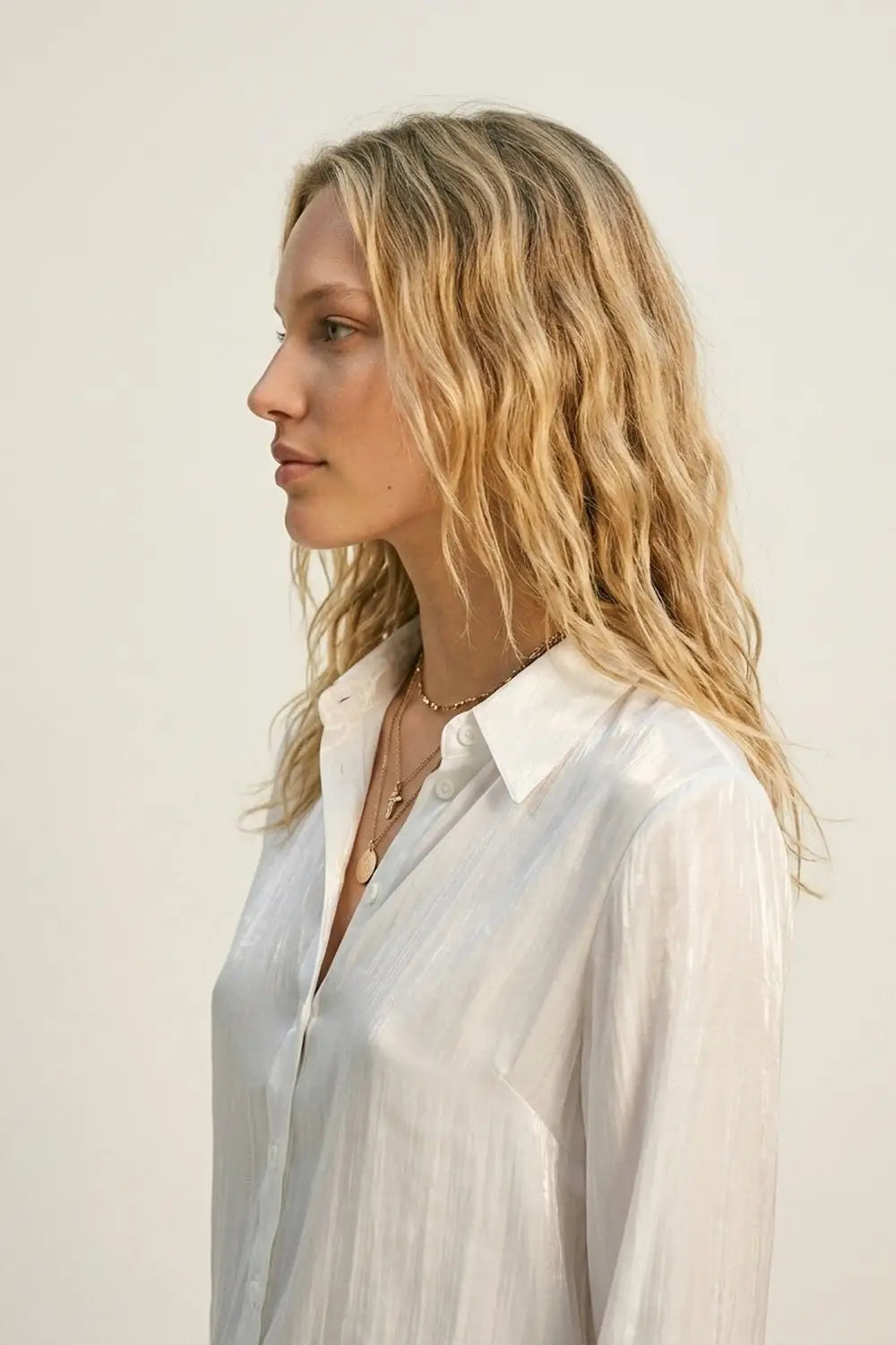 White shiny satin button-down shirt - Shirts