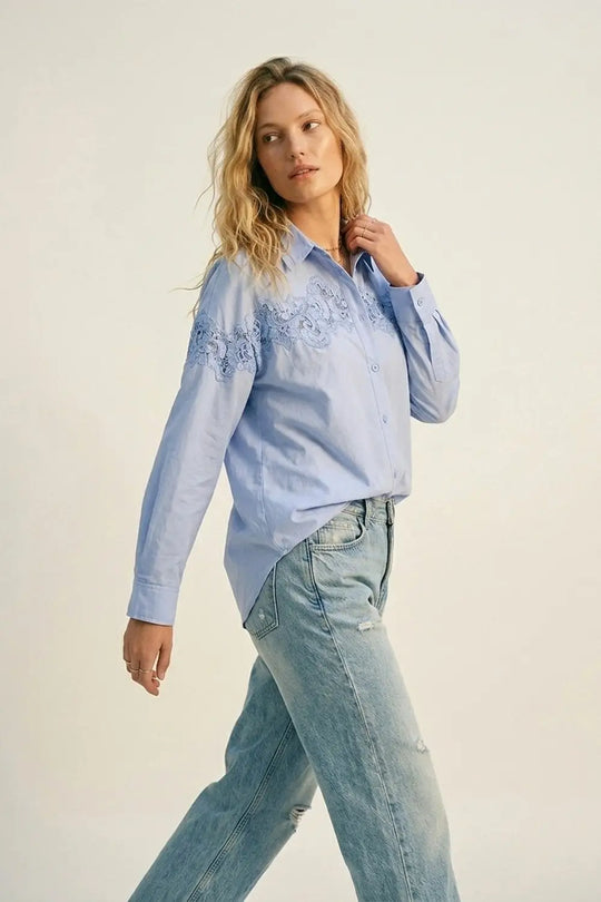 Light Blue Button-Down Shirt with Lace Detail - BLUE / ONE - Shirts