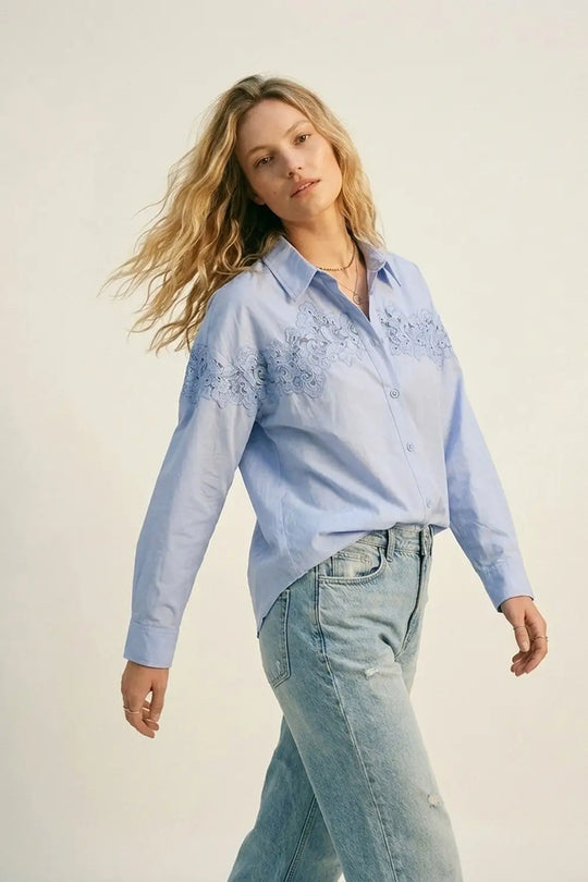 Light Blue Button-Down Shirt with Lace Detail - BLUE / ONE - Shirts