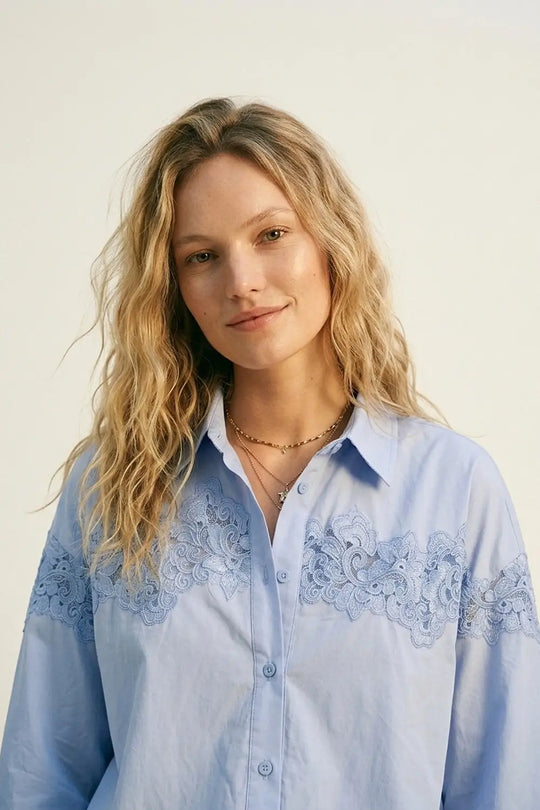 Light Blue Button-Down Shirt with Lace Detail - BLUE / ONE - Shirts