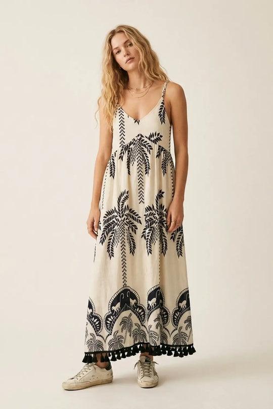 Cream Maxi Dress with navy Palm Print and Tassels - Dresses