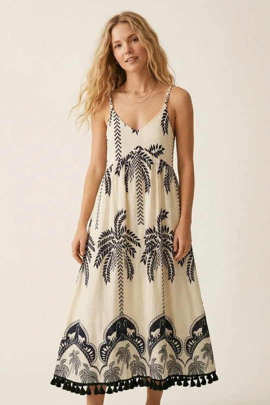 Cream Maxi Dress with navy Palm Print and Tassels - Dresses