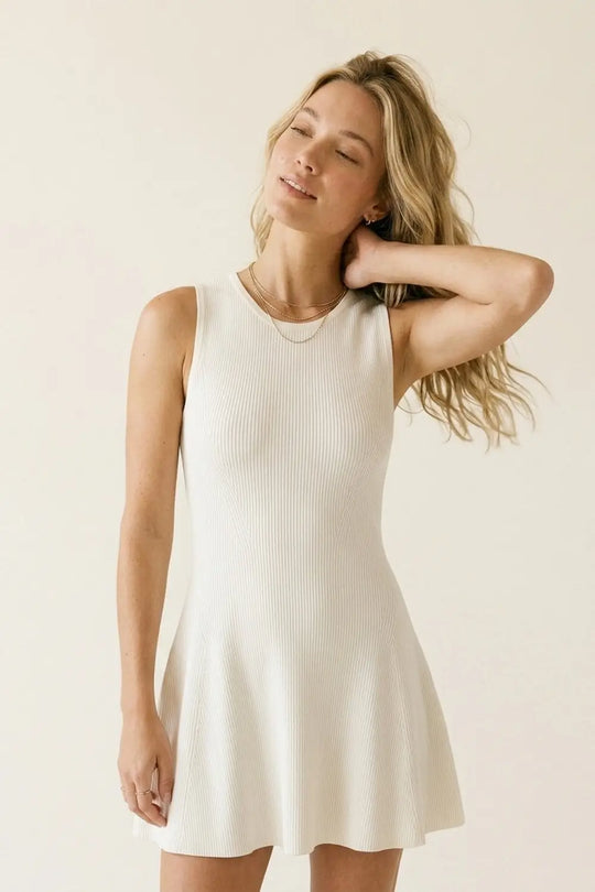 White Ribbed Knit Sleeveless Fit and Flare Dress - Dresses