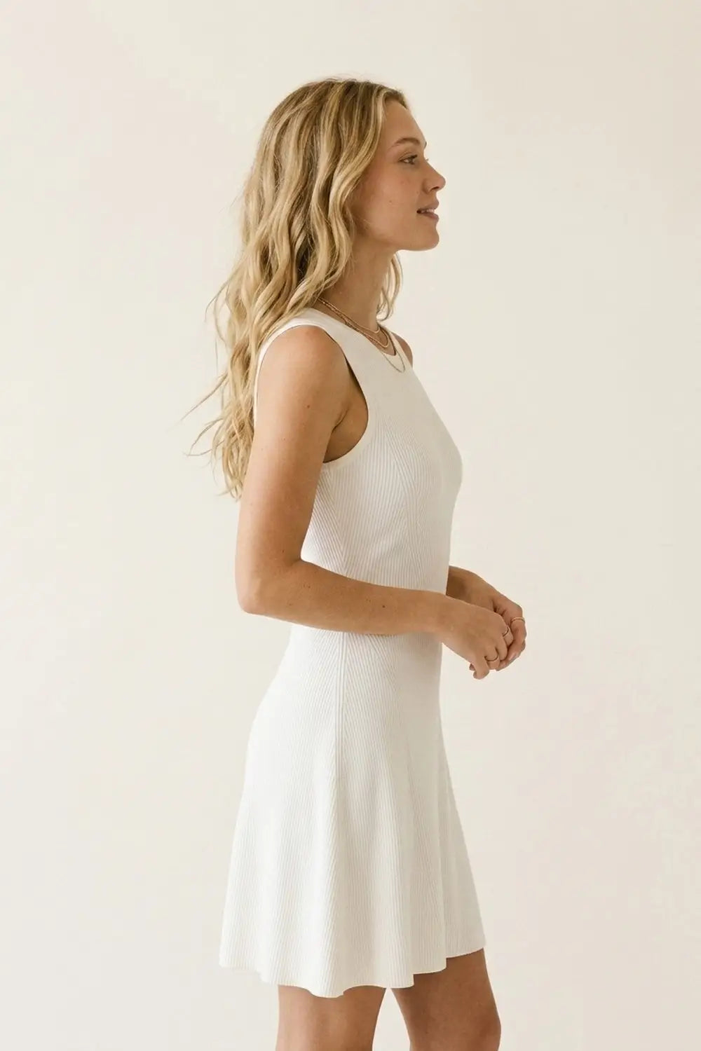 White Ribbed Knit Sleeveless Fit and Flare Dress - Dresses