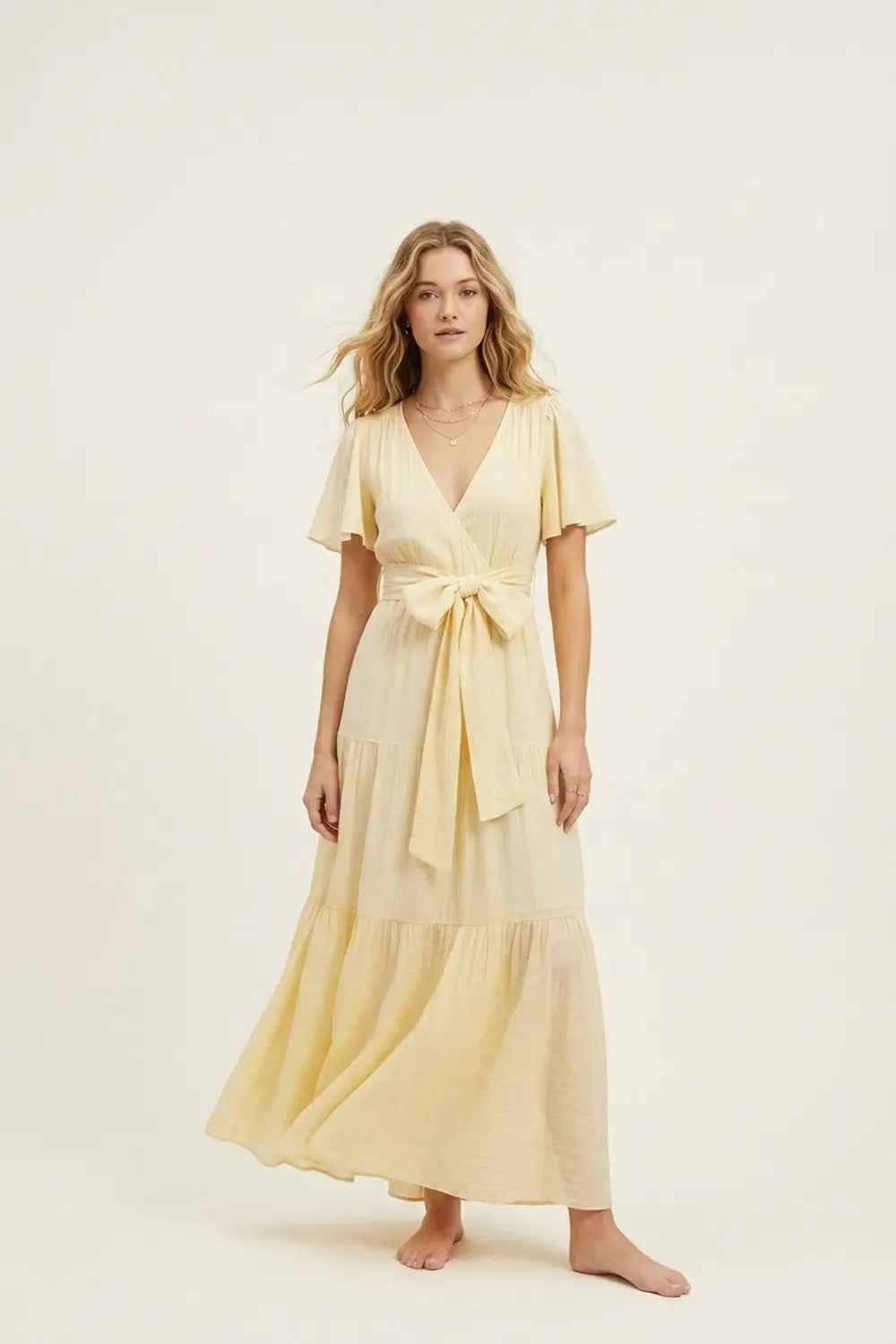 Yellow Maxi Dress with Waist Tie and Flutter Sleeves - Dresses