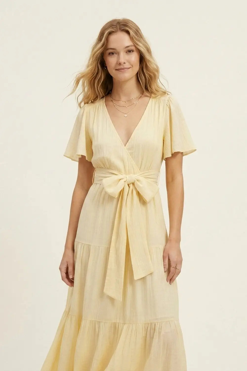 Yellow Maxi Dress with Waist Tie and Flutter Sleeves - Dresses