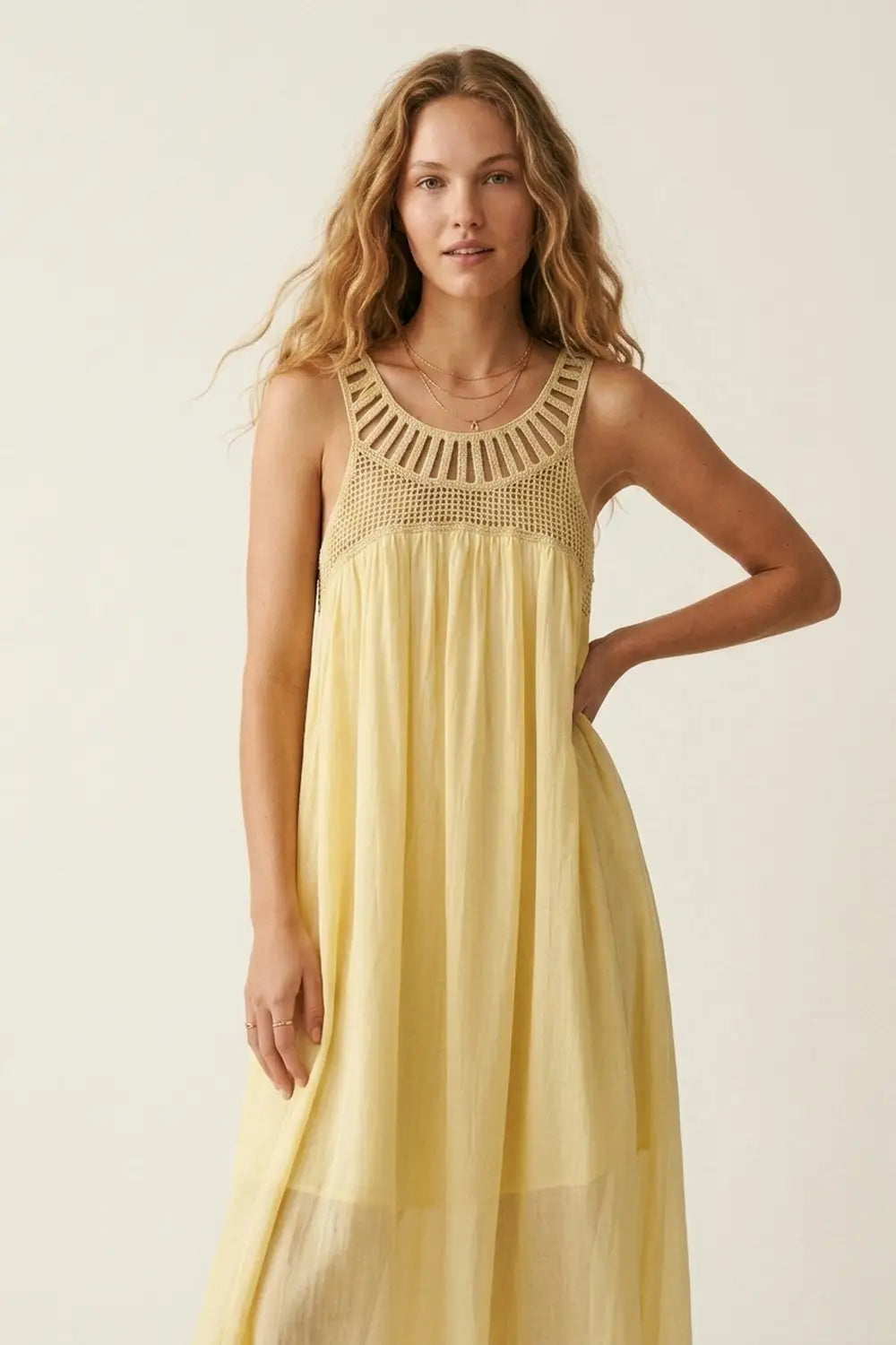 Yellow Crochet Yoke Maxi Dress with Flowing Skirt - Dresses