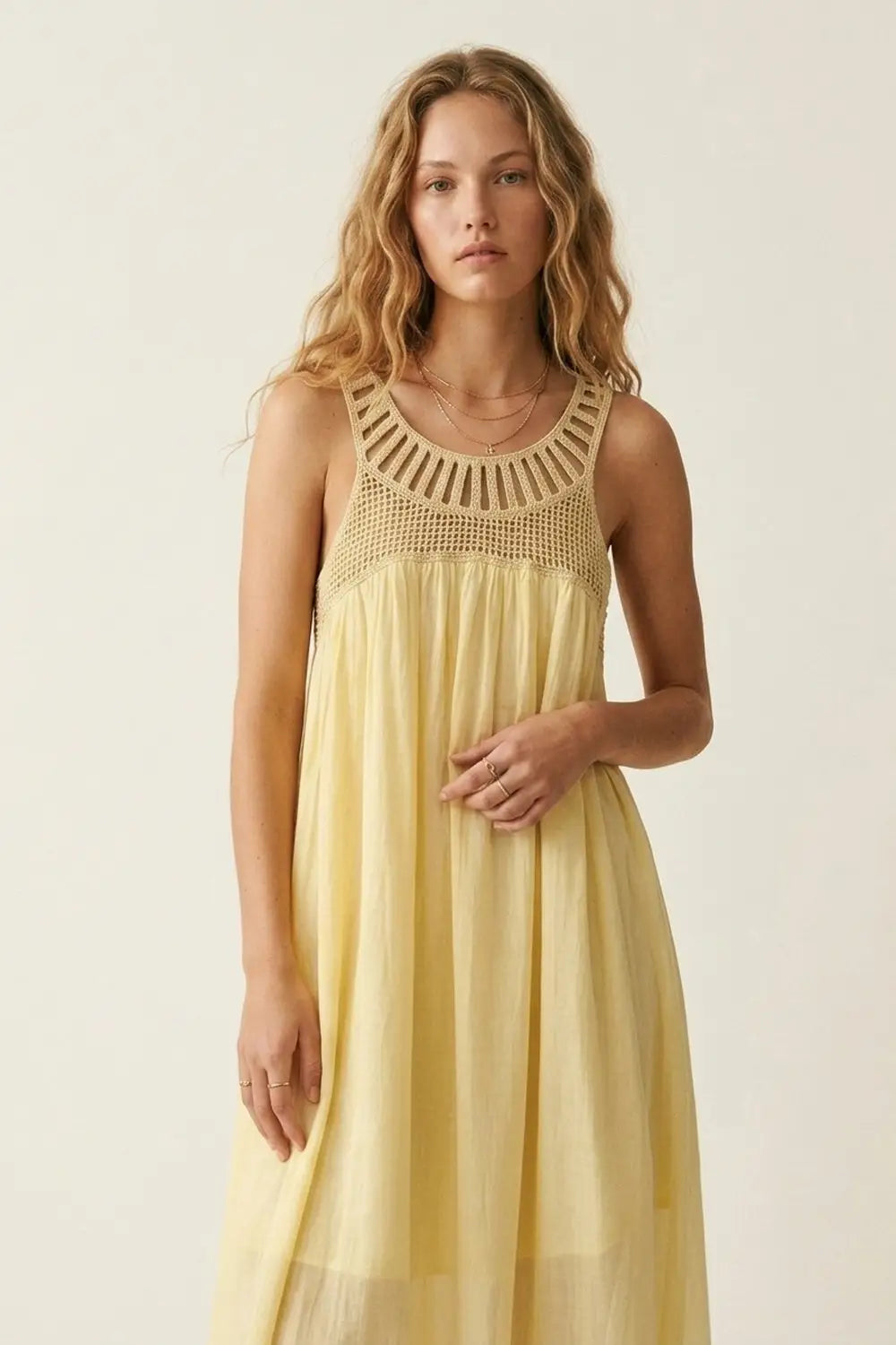 Yellow Crochet Yoke Maxi Dress with Flowing Skirt - Dresses