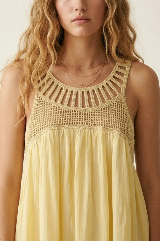 Yellow Crochet Yoke Maxi Dress with Flowing Skirt - Dresses