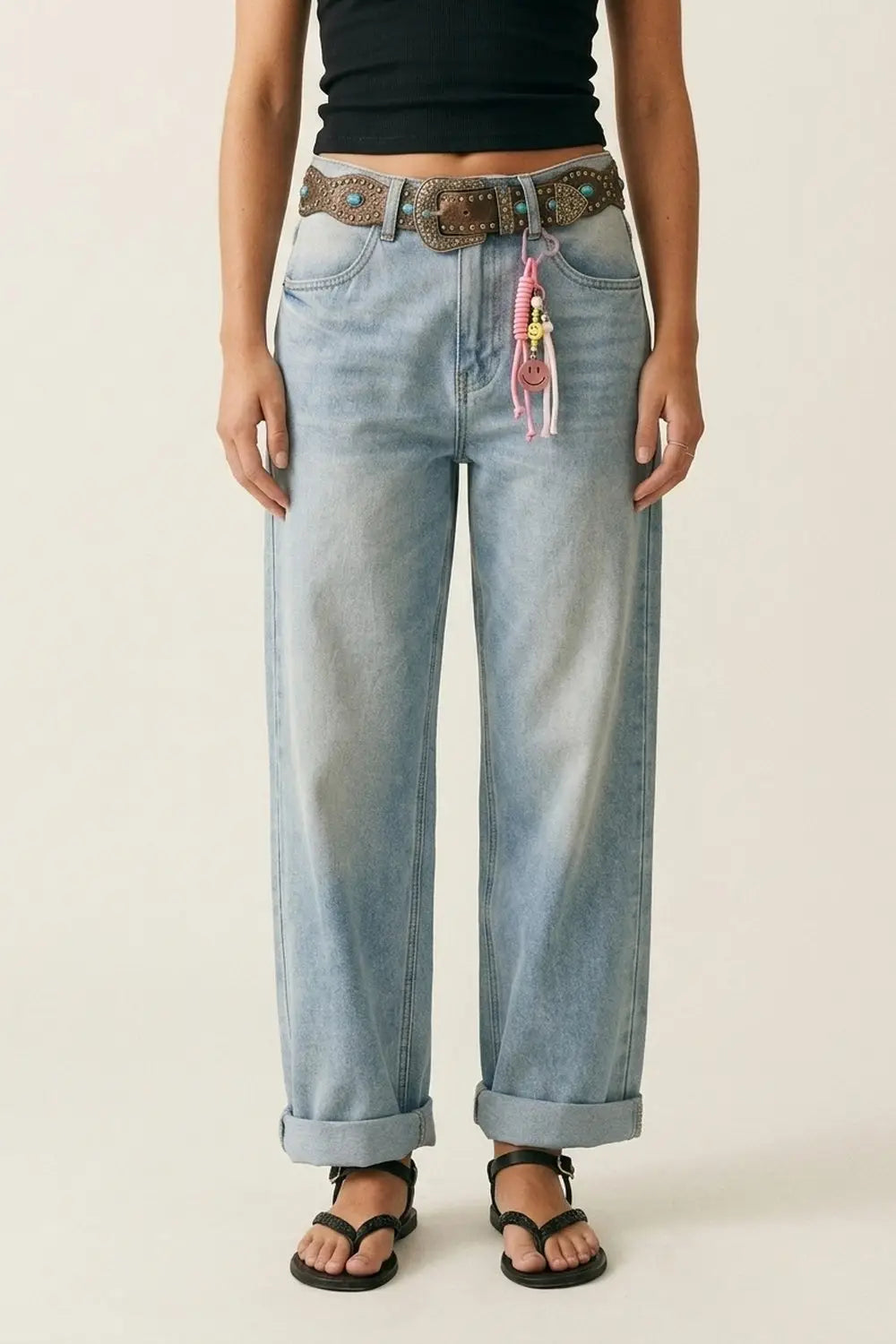 Light Blue Wide-Leg Denim Jeans mom style with Charm Detail