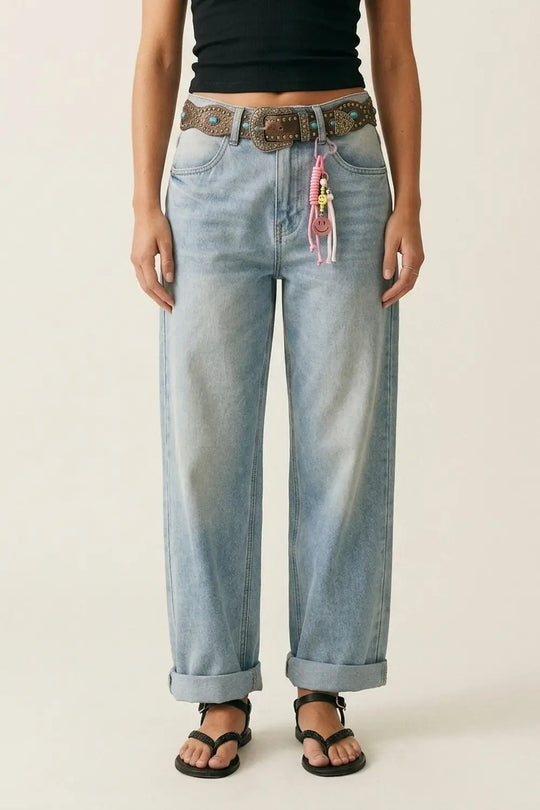 Light Blue Wide-Leg Denim Jeans mom style with Charm Detail