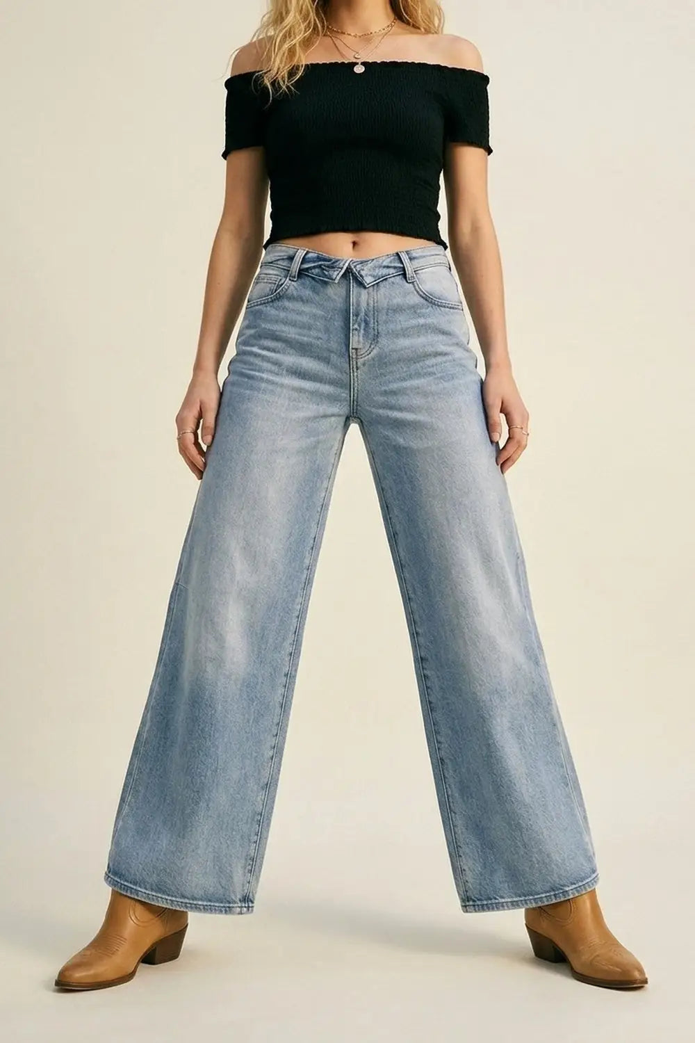 Light-Wash Wide-Leg Jeans with Turned-Down Waist Detail
