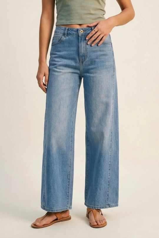 Blue Wide-Leg Light Wash Denim Jeans with side seams