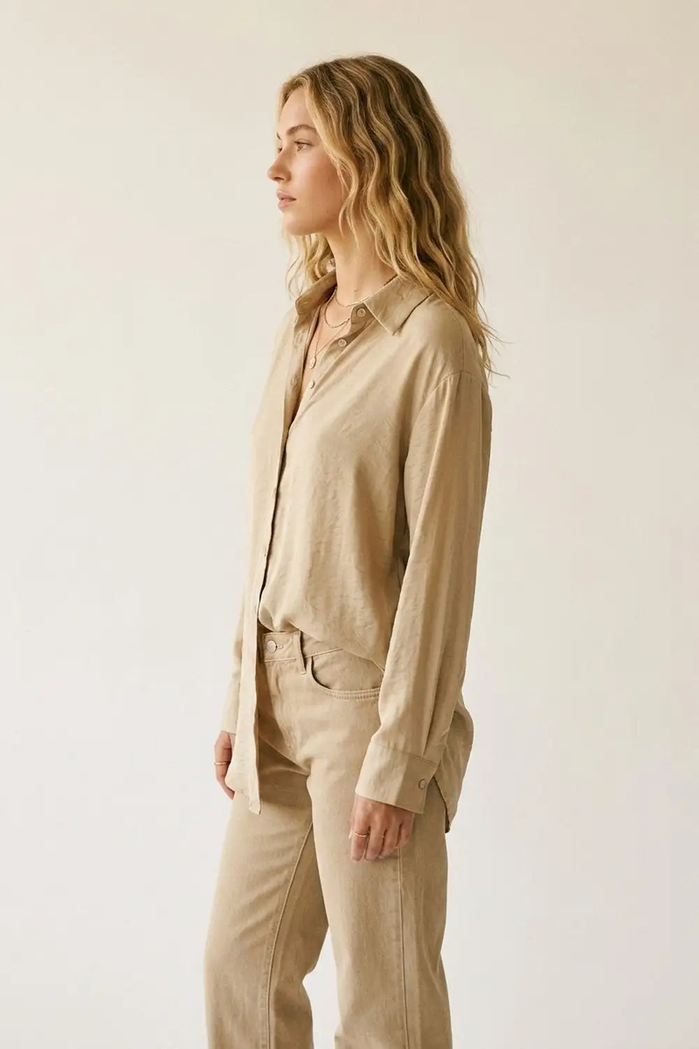 Beige Button-Front Long Sleeve Shirt Dress in shiny satin - Shirts