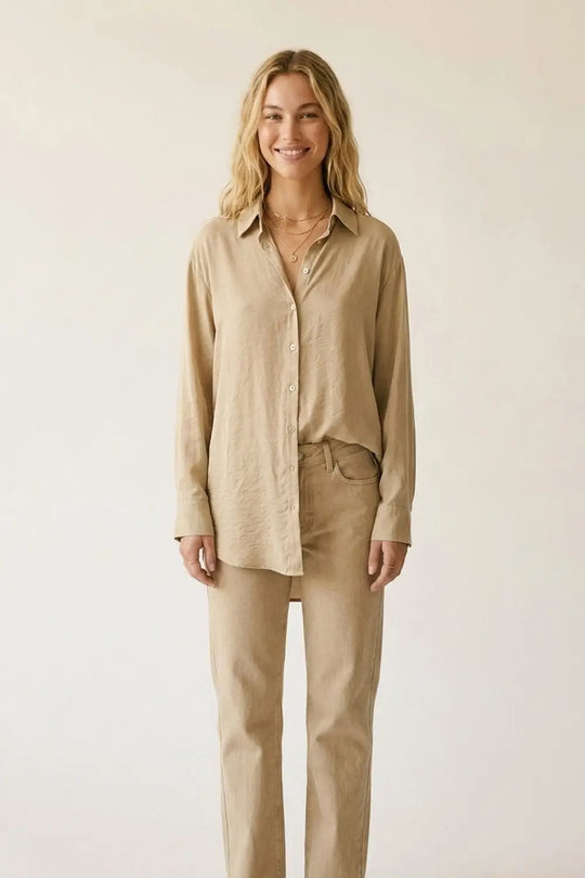 Beige Button-Front Long Sleeve Shirt Dress in shiny satin - Shirts
