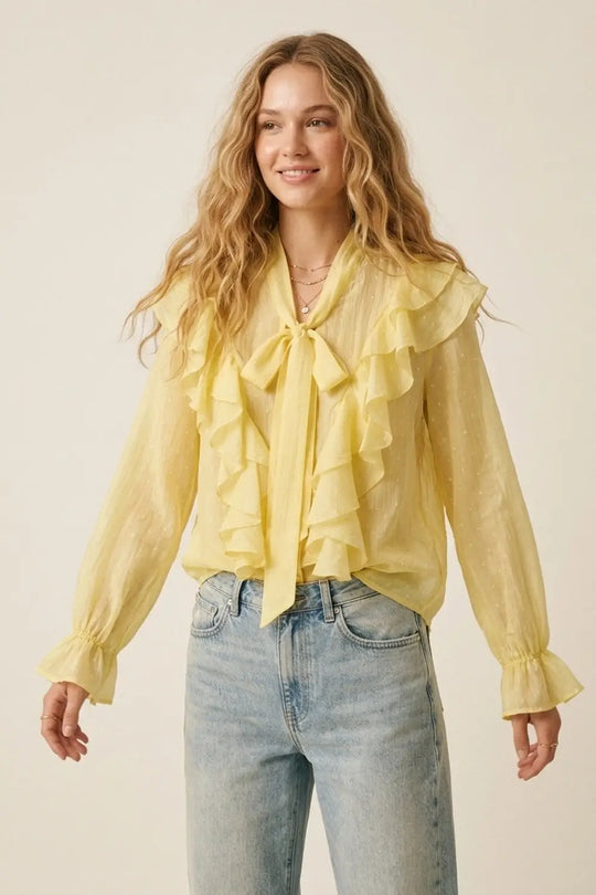 Yellow Ruffled Sheer Blouse with Bow Neck Tie - Shirts