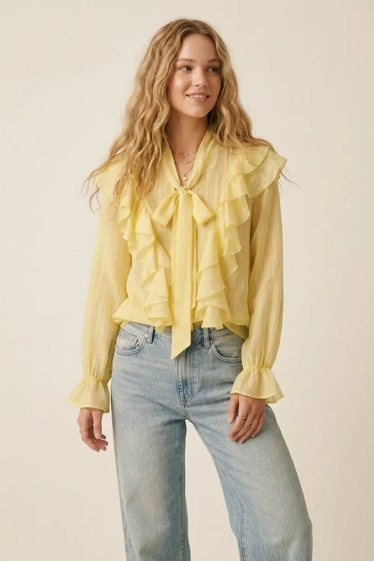 Yellow Ruffled Sheer Blouse with Bow Neck Tie - Shirts