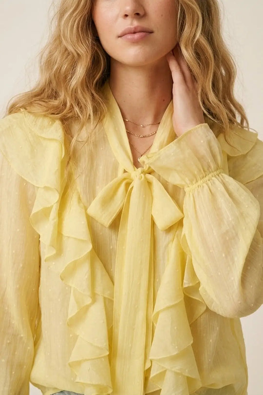 Yellow Ruffled Sheer Blouse with Bow Neck Tie - Shirts