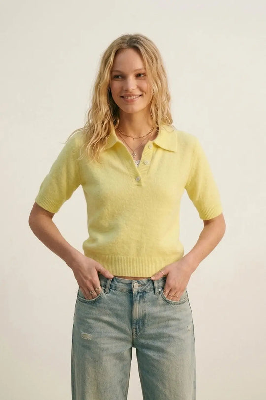 Yellow Knit Polo Shirt with Short Sleeves - YELLOW / ONE - Sweaters