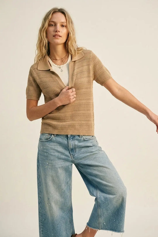 Camel Textured Knit Polo with V-Neck Collar - Sweaters