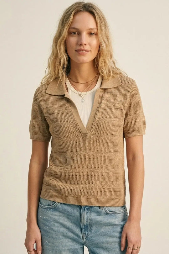 Camel Textured Knit Polo with V-Neck Collar - Sweaters