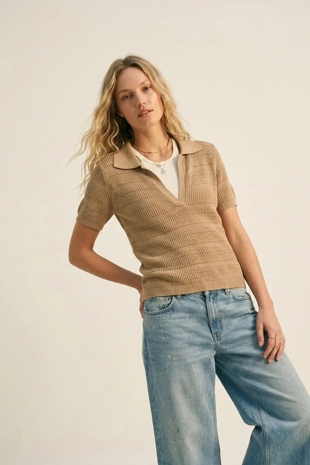 Camel Textured Knit Polo with V-Neck Collar - Sweaters