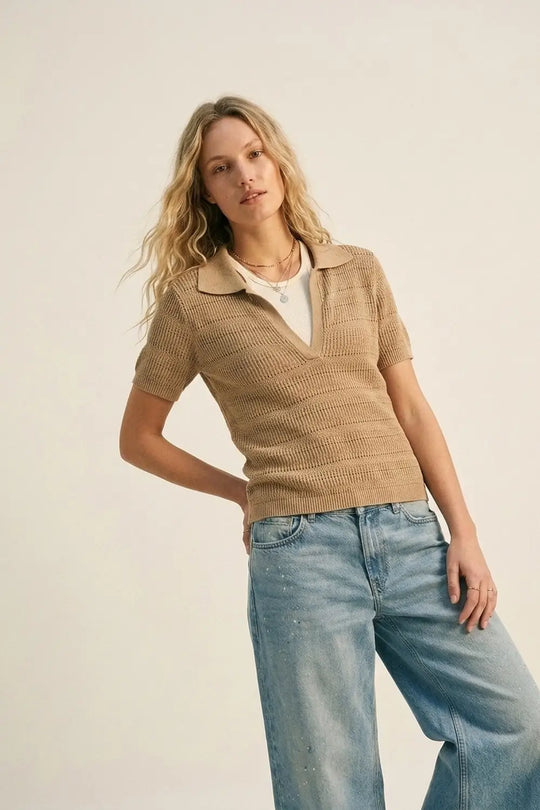 Camel Textured Knit Polo with V-Neck Collar - Sweaters