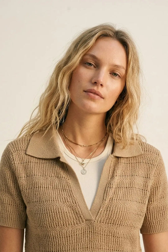 Camel Textured Knit Polo with V-Neck Collar - Sweaters