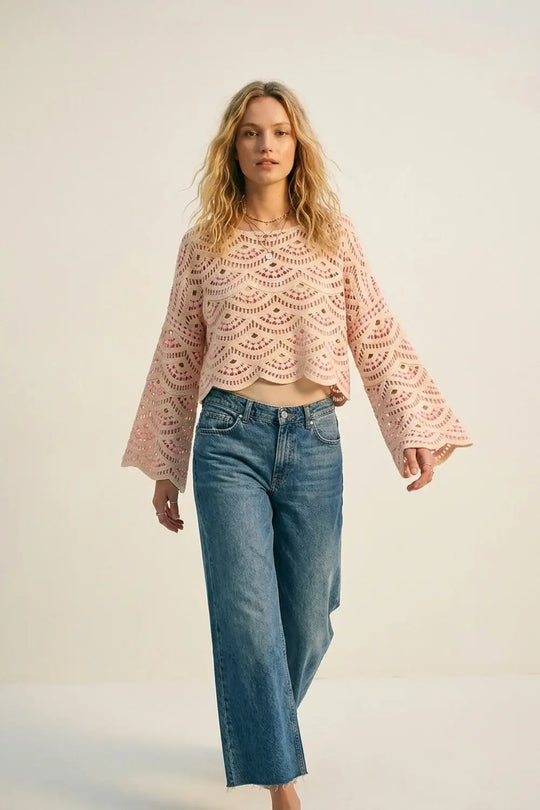 Beige Pink Crochet Geo Pattern Scallop Hem Wide Sleeve Top - PINK / ONE - Sweaters