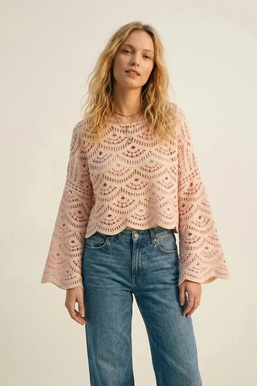 Beige Pink Crochet Geo Pattern Scallop Hem Wide Sleeve Top - PINK / ONE - Sweaters
