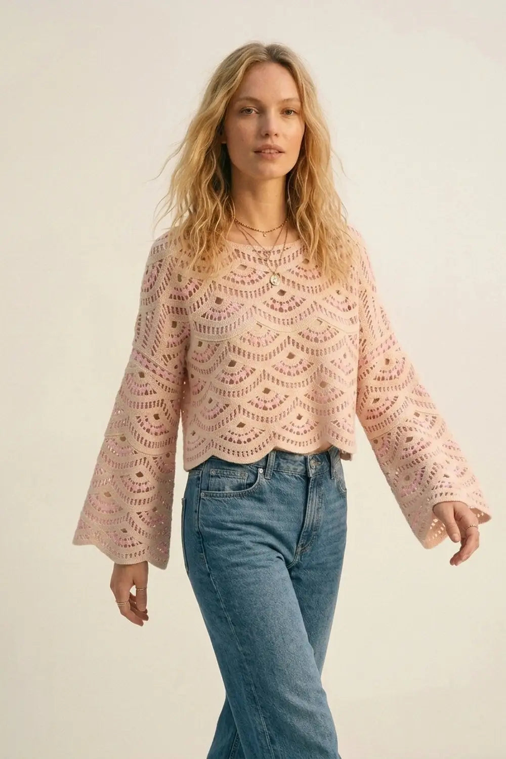 Beige Pink Crochet Geo Pattern Scallop Hem Wide Sleeve Top - PINK / ONE - Sweaters