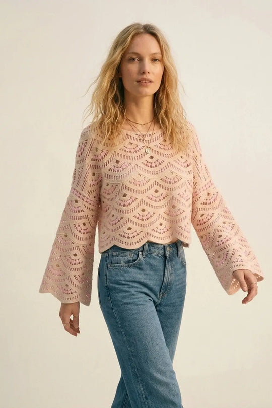 Beige Pink Crochet Geo Pattern Scallop Hem Wide Sleeve Top - PINK / ONE - Sweaters