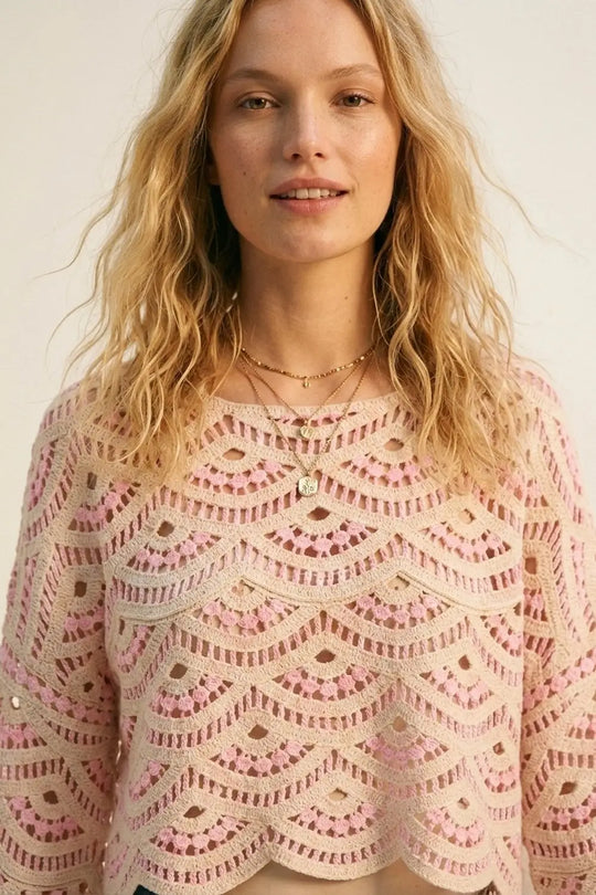 Beige Pink Crochet Geo Pattern Scallop Hem Wide Sleeve Top - PINK / ONE - Sweaters