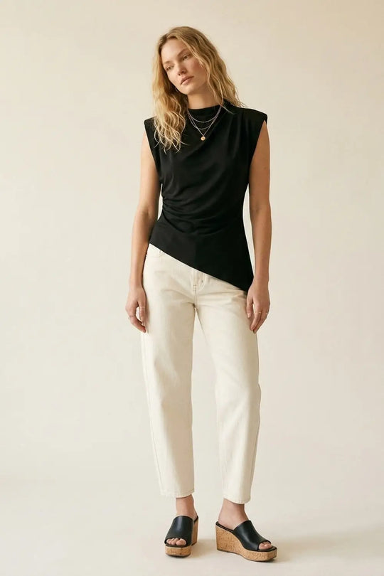 Black Lightweight Woven Asymmetric Hem Cowl Neck Sleeveless Top - Tops