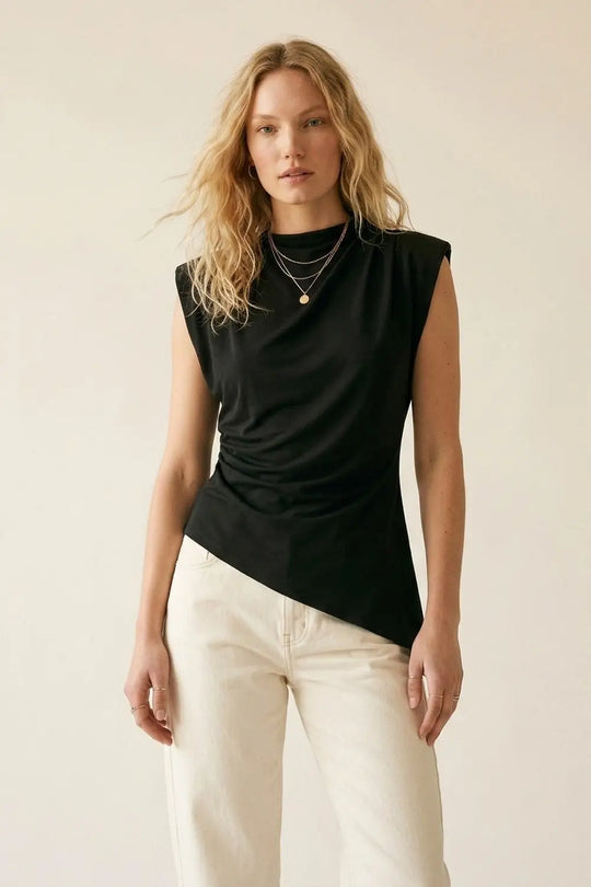 Black Lightweight Woven Asymmetric Hem Cowl Neck Sleeveless Top - Tops