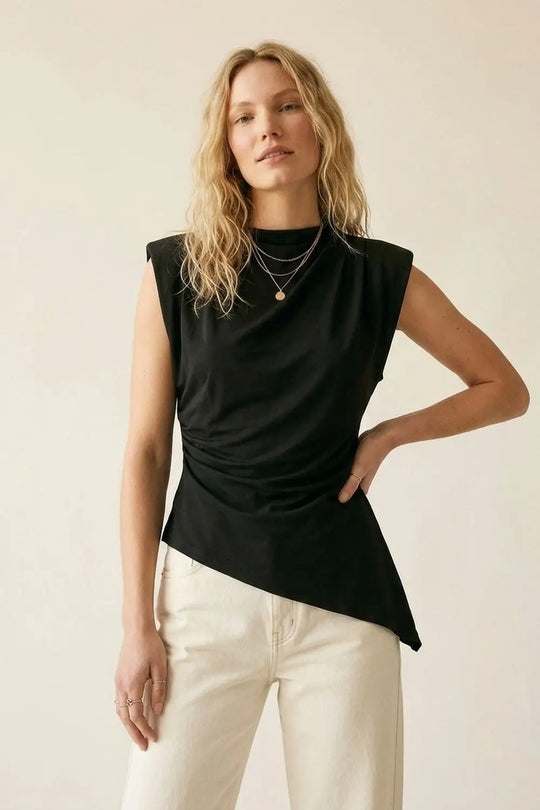 Black Lightweight Woven Asymmetric Hem Cowl Neck Sleeveless Top - Tops