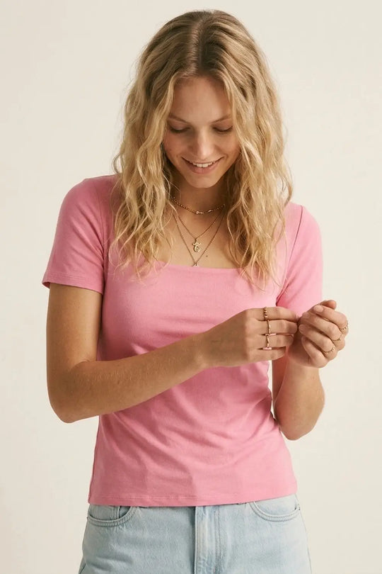 Pink Short Sleeve Square Neck Stretch Top - Tops
